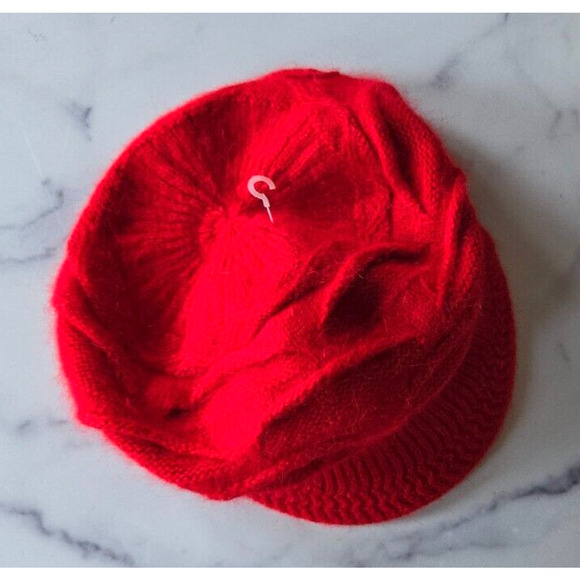 Red Beret Hat Rabbit Hair Cable Knit Newsboy Cap Retro Vintage 90s Y2K Funk - Picture 4 of 8